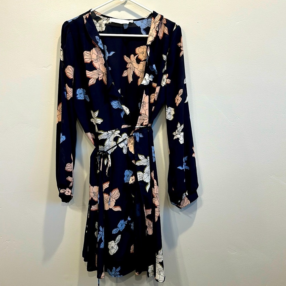 ASTR The Label . Wrap dress. Size L. Navy with blue, pink, and white floral